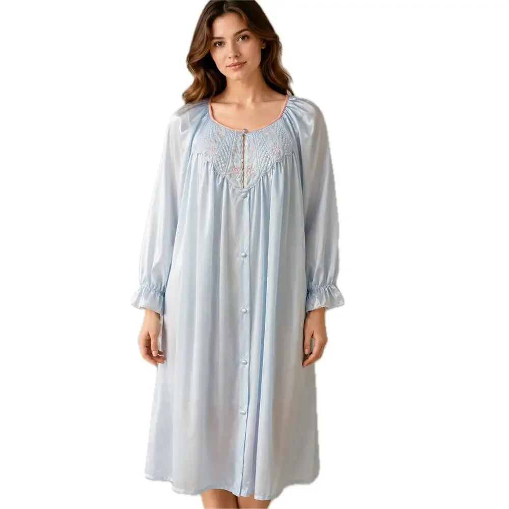 Vintage Vanity Fair Blue Nylon Nightgown Robe M Embroidered Floral USA -